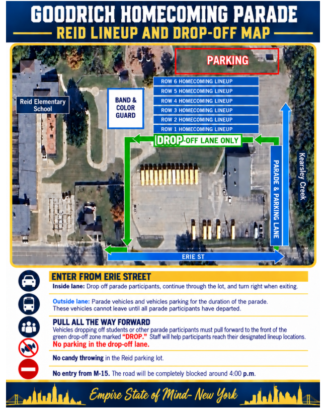 A map of the Goodrich Homecoming Parade Reid lineup and drop-off instructions.